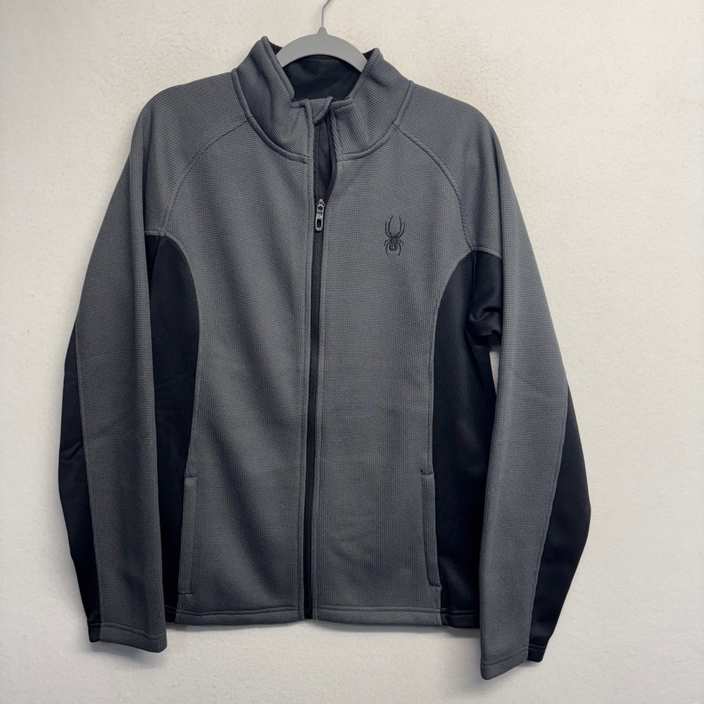 Spyder Jacket Mens Medium Gray Full Zip Pockets Long Sleeve‎ Waffle Logo Spider
